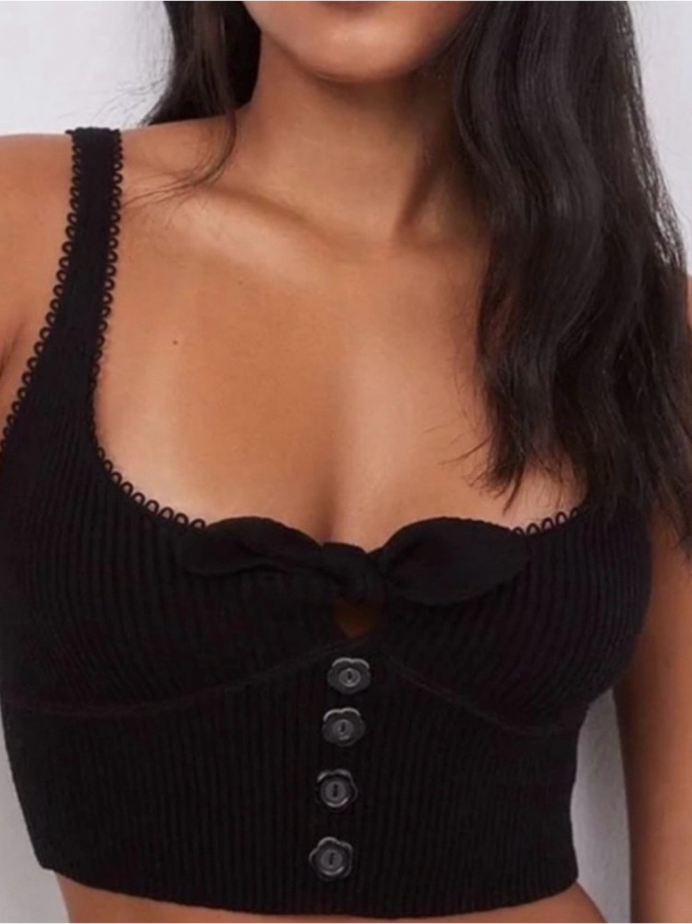 *BRAND NEW* For Love & Lemons Black Ribbed Lace-Trim Crop Top- size L
